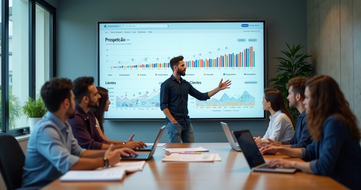 Empresário analisando painel de prospecção de clientes com equipe de vendas 