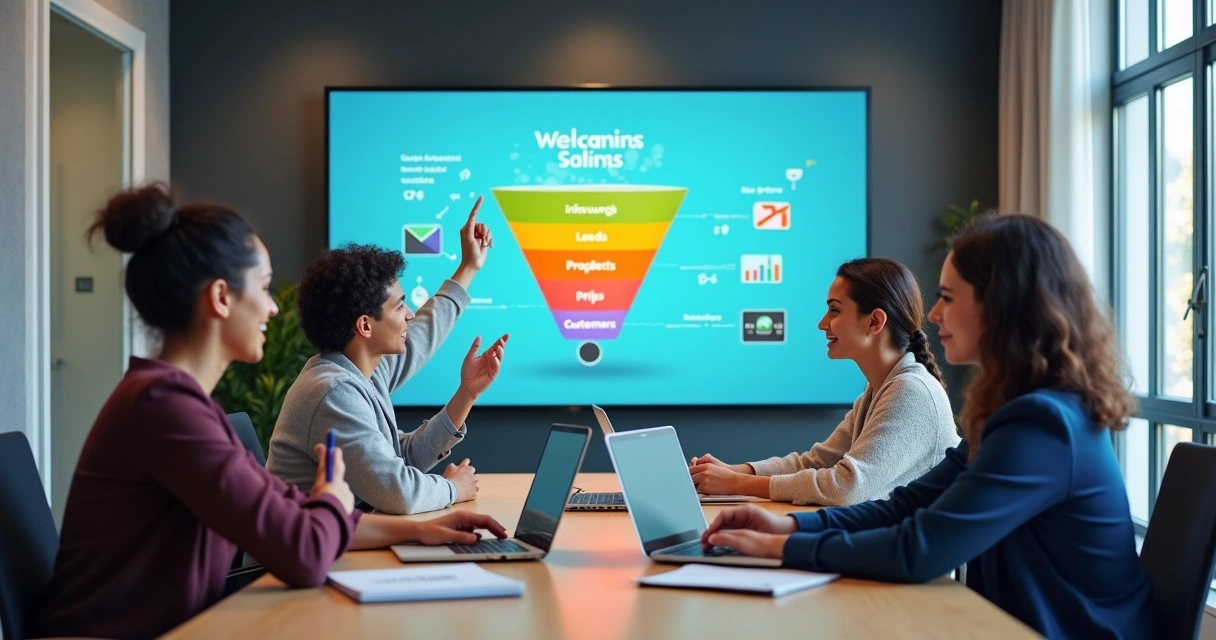 Equipe de vendas analisando funil de prospecção de clientes em painel digital 