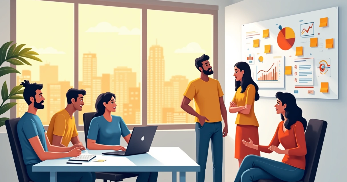 Ambiente de escritório moderno com profissionais discutindo prospecção de clientes, laptop e gráficos de crescimento.