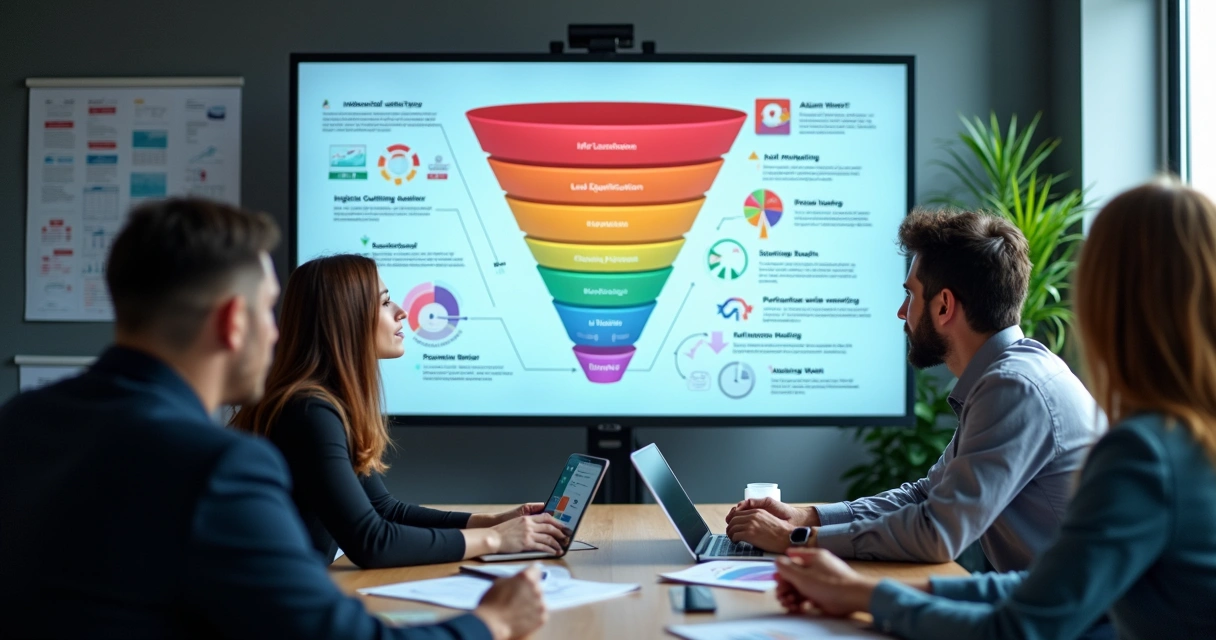 Equipe de vendas analisando funil de prospecção de clientes em tela digital 