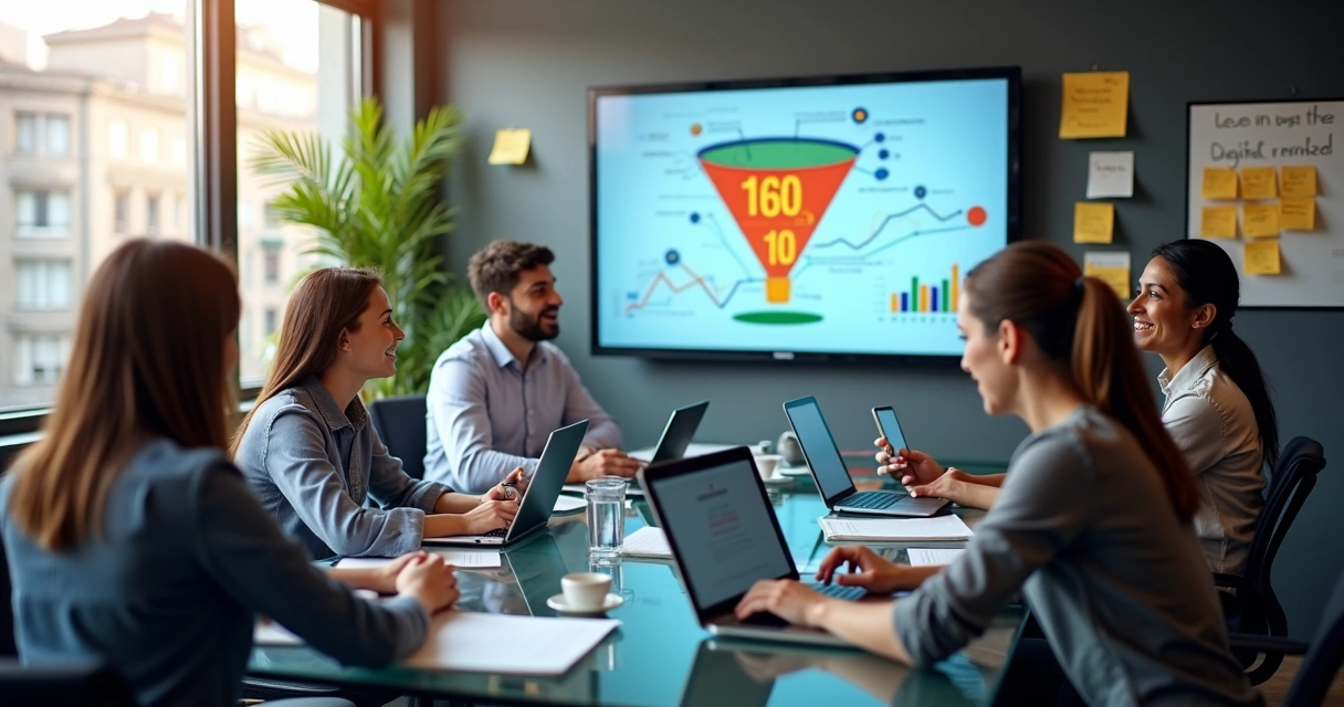 Equipe comercial de agência digital prospectando novos clientes