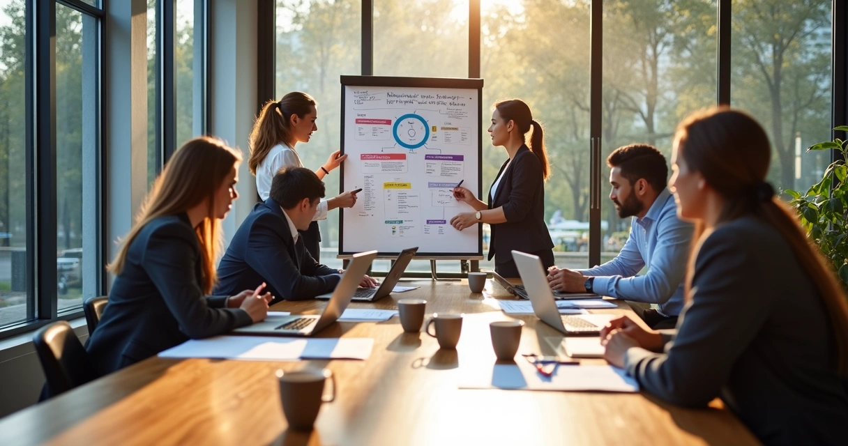 Equipe de vendas analisando lista de potenciais clientes em mesa de escritório. 