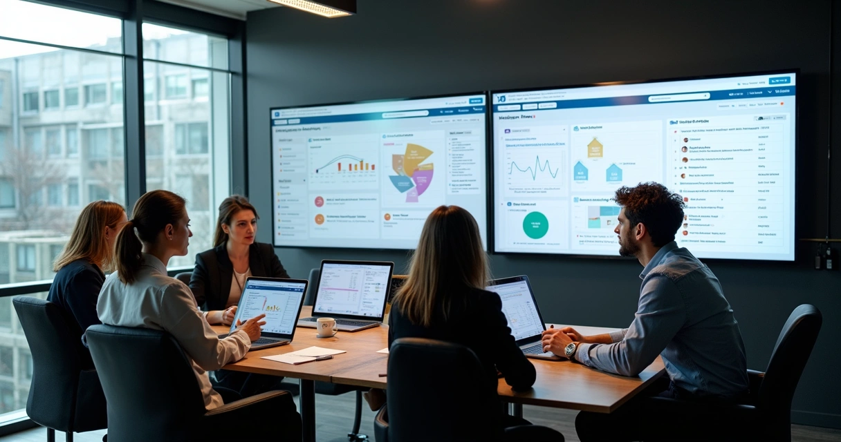 Equipe comercial analisando dados de prospecção em vários monitores 