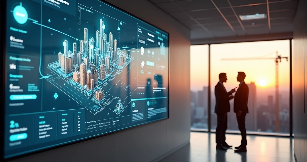 Painel digital mostrando obras em construção conectadas a leads B2B qualificados 