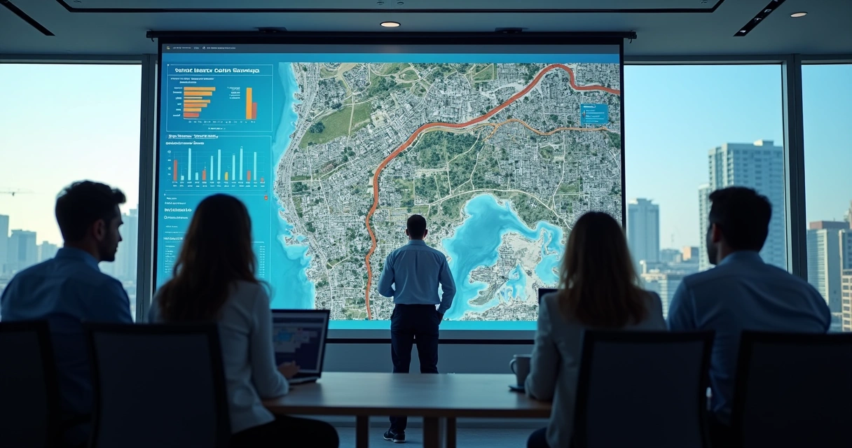 Equipe comercial analisando dashboard de obras e projetos em um escritório 
