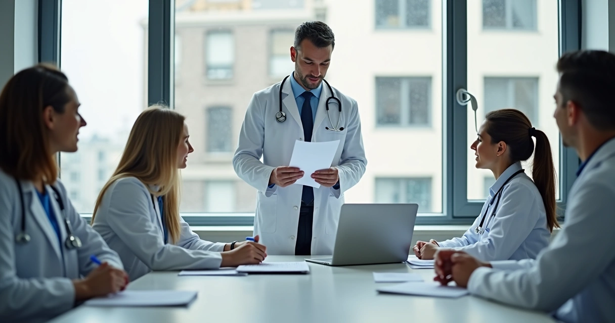 Consultor explicando finanças para médicos em uma reunião 