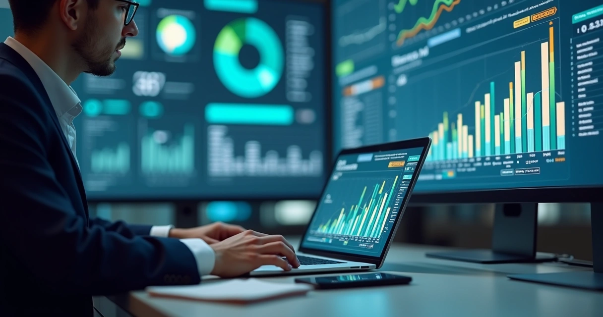 Vendedor contábil abordando cliente pelo notebook, gráficos digitais e ícones de marketing digital no fundo 