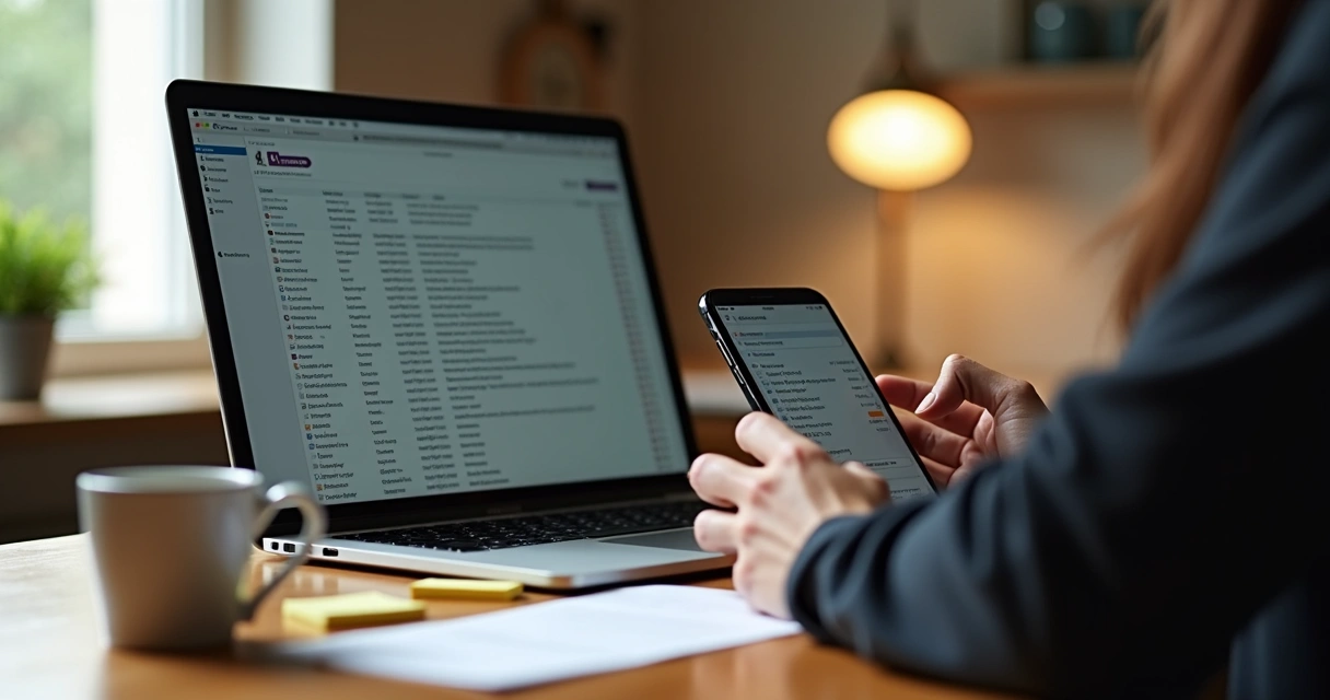 Freelancer em um escritório, escrevendo e olhando nomes de clientes em um notebook