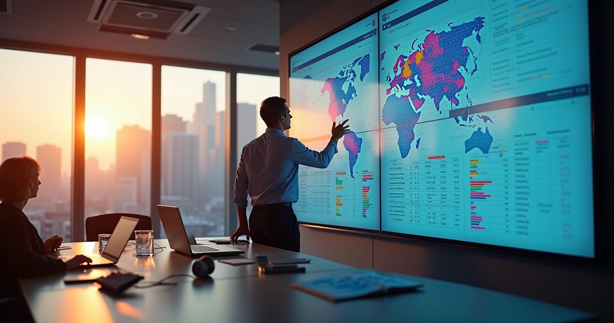 Painel digital mostrando oportunidades de cross sell com dados do mercado 