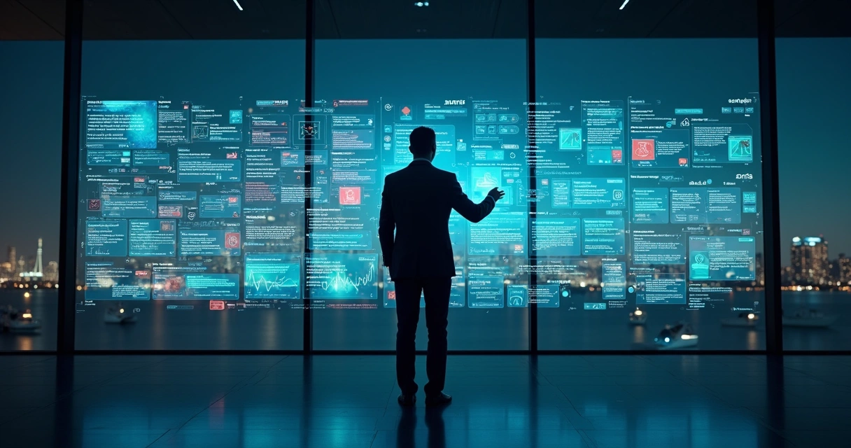 Executivo B2B filtrando dados atualizados em parede digital futurista 