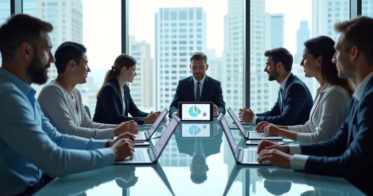 Equipe comercial ao redor de mesa analisando dados de empresas em telas digitais 