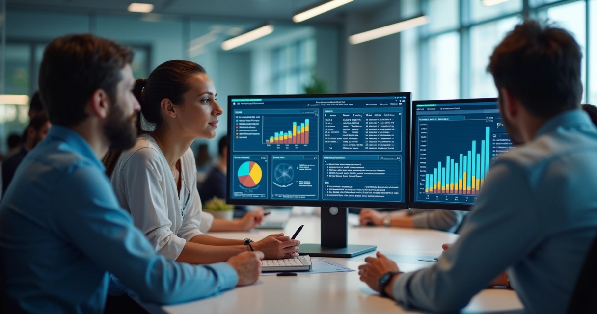 Limpeza de base de dados: guia prático para marketing B2B 2 Equipe avaliando qualidade de dados em múltiplos monitores