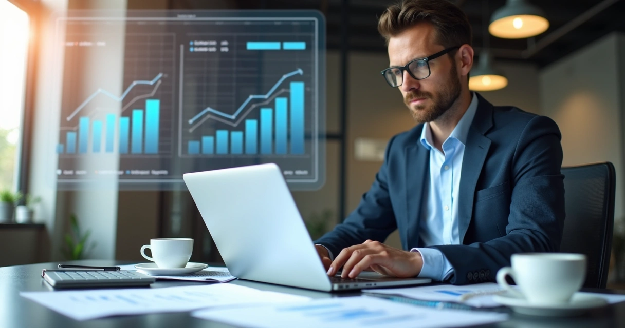 Profissional contábil trabalhando em mesa, notebook aberto, gráficos digitais ao fundo, ambiente de escritório moderno 
