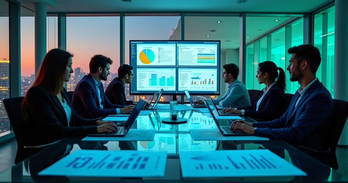 Equipe de vendas em reunião analisando telas de softwares de email scraping. 