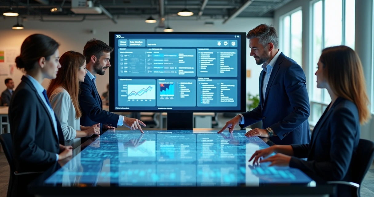Equipe comercial analisando lista de empresas B2B qualificadas em tela digital 