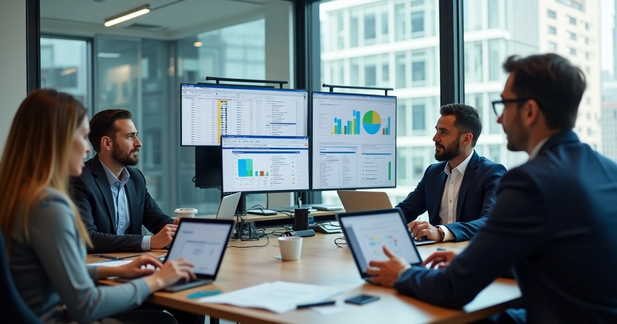 Equipe de vendas analisando dados de empresas B2B em notebooks e tablets 