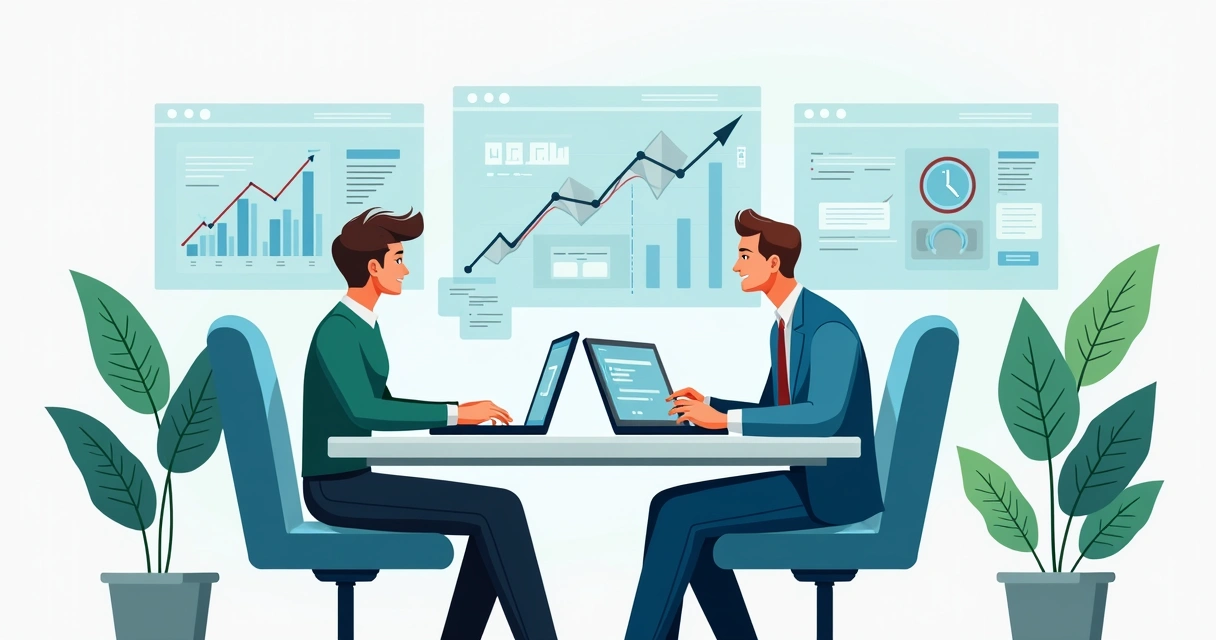 Engenheiro conversando com cliente em mesa de escritório com gráficos de desempenho no fundo 