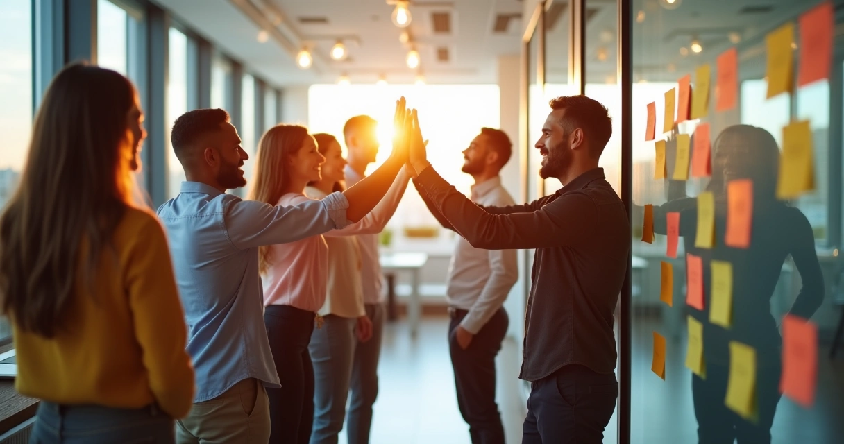 Equipe de vendas comemorando sucesso apos nova rodada de prospecção 