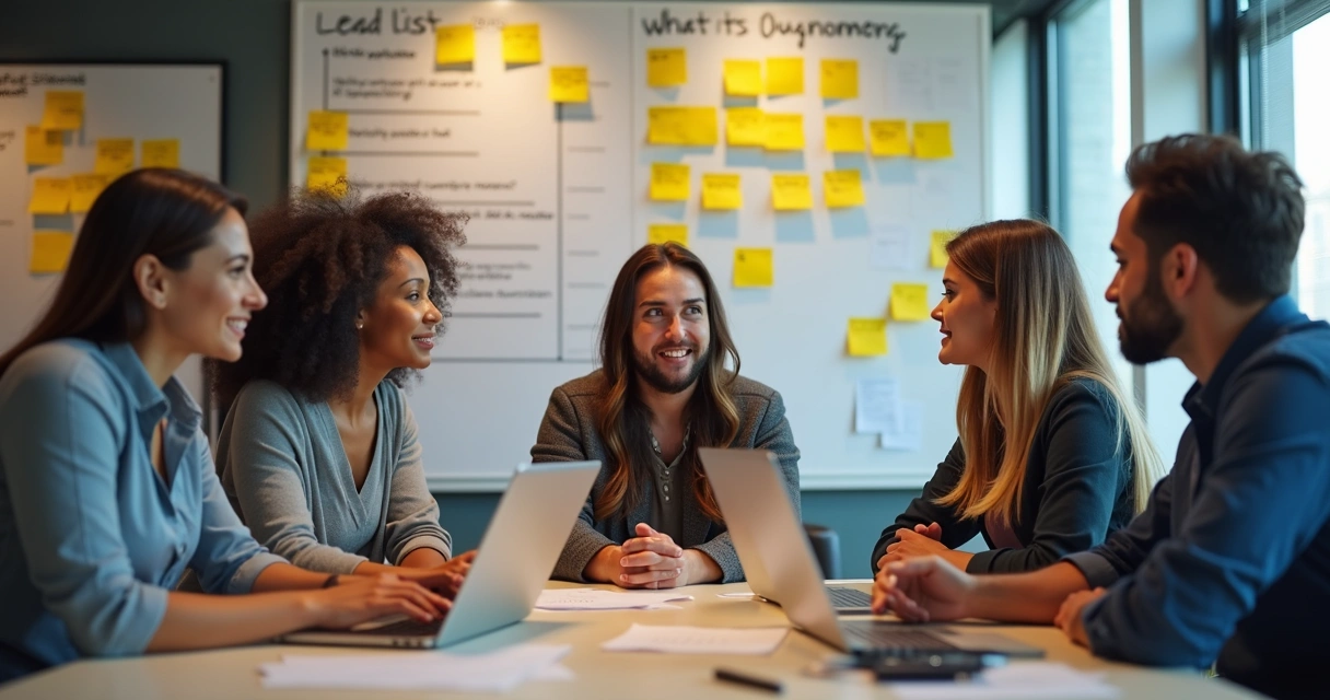 Equipe de vendas planejando ação de prospecção com laptop e post-its na parede 