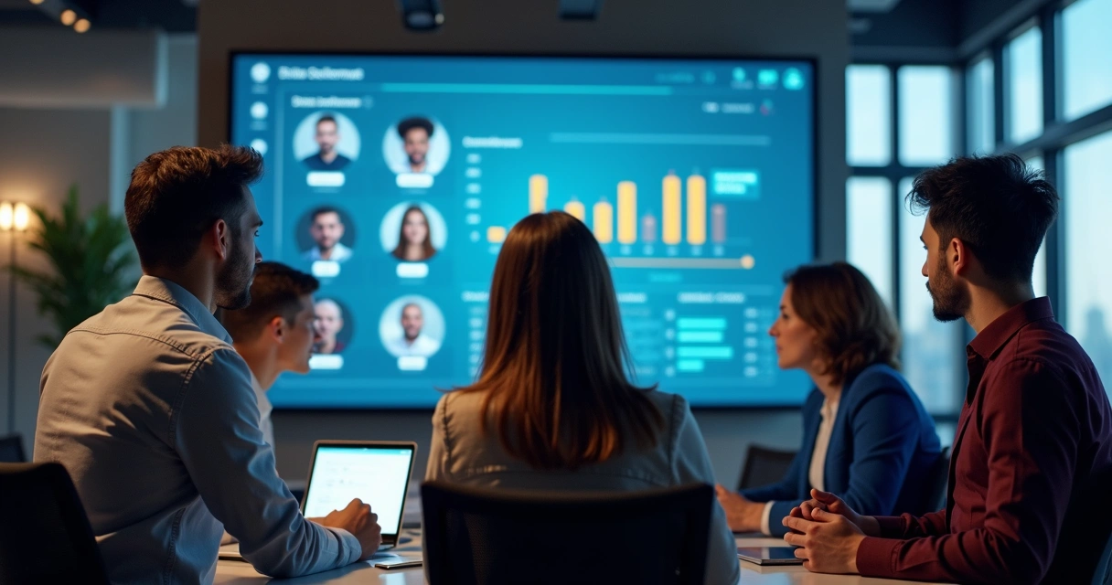Equipe de vendas analisando leads em tela grande 