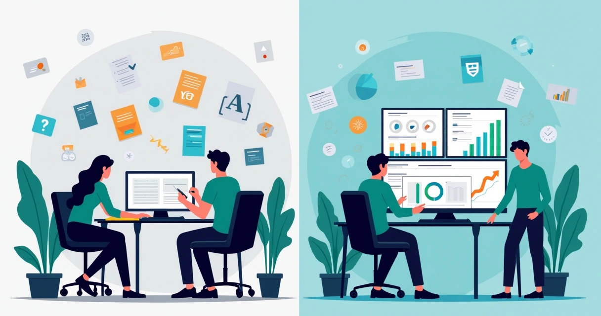 Ilustração corporativa mostrando comparação entre prospecção tradicional e prospecção guiada por inteligência artificial em vendas 