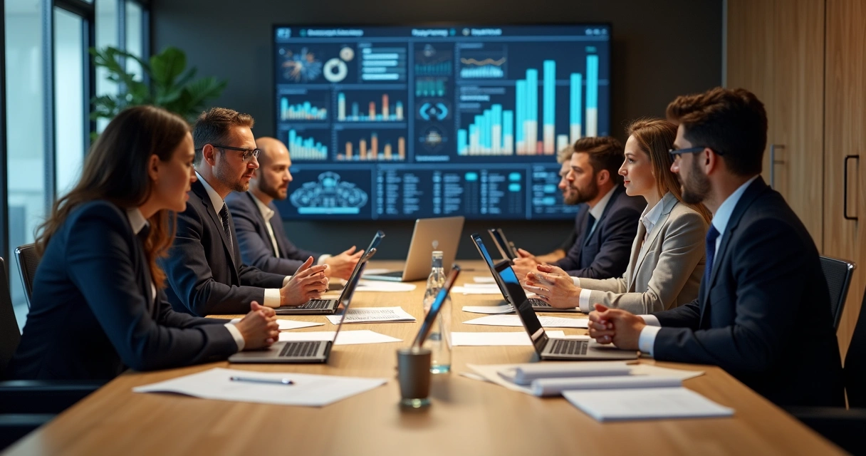 Equipe comercial em reunião discutindo análise de dados industriais 