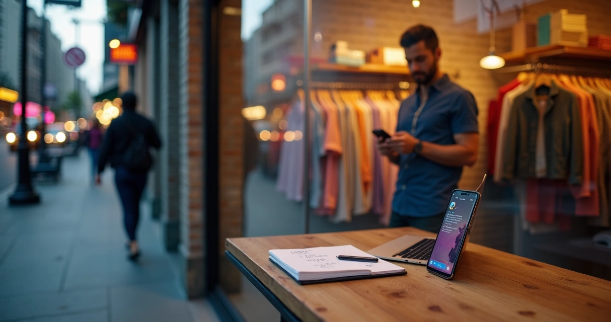Dono de pequena loja usando Instagram no celular para prospectar clientes na vitrine 