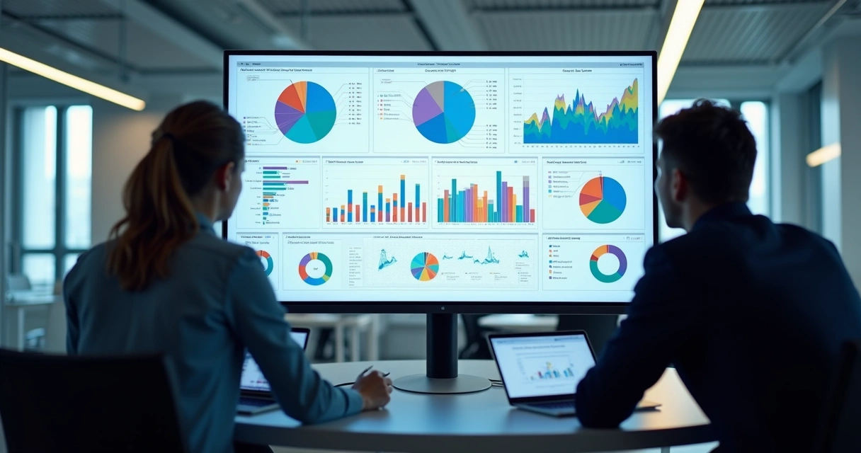 Equipe de vendas analisando gráficos de prospecção inteligente em tela grande 