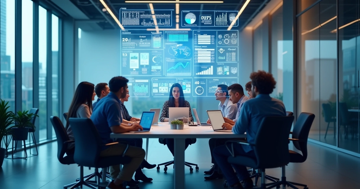 Equipe de vendas B2B em torno de uma mesa analisando gráficos digitais e usando notebooks