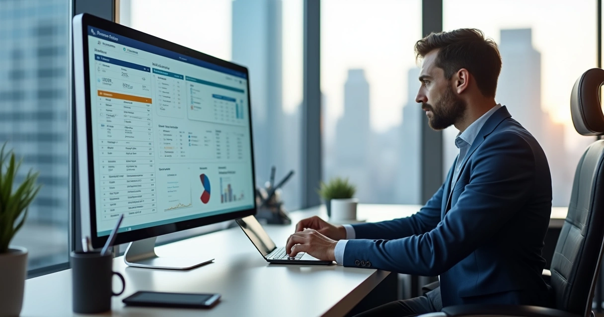 Profissional de vendas analisando leads em painel digital interativo 