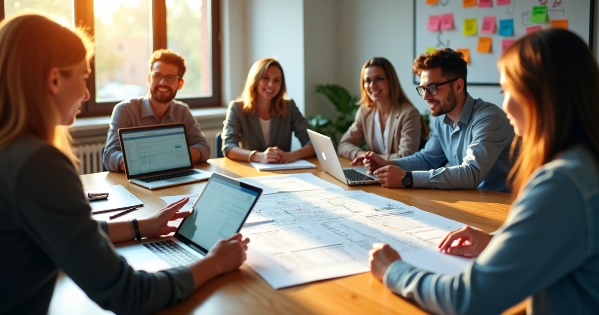 Equipe comercial reunida analisando lista de leads em laptops e planilhas 