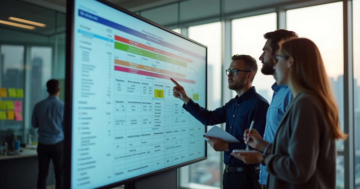 Equipe de vendas analisando leads segmentados em tela grande 