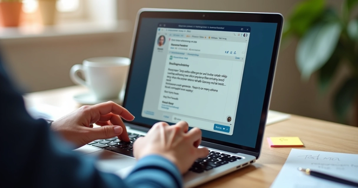 Profissional enviando mensagem personalizada pelo LinkedIn em notebook 