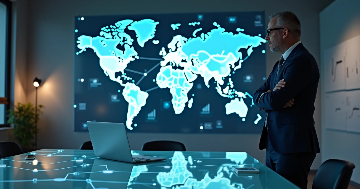 Gestor de agência explorando prospects B2B em mapa conectado ao LinkedIn em sala moderna 