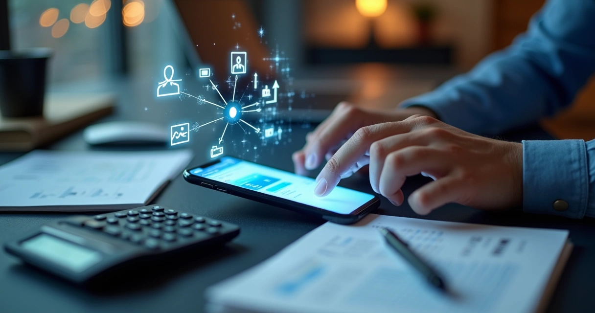 Profissional de finanças utilizando LinkedIn em smartphone cercado por ícones de conexão e negócios 