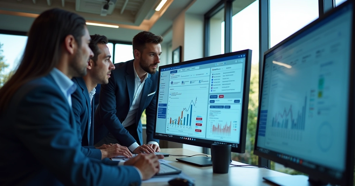 Equipe de vendas analisando dados de prospecção em tela de computador 