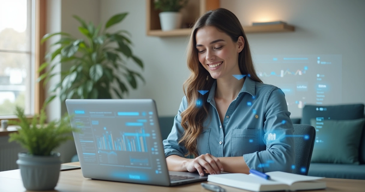 Mulher sorrindo trabalhando em um notebook, perfil profissional ao fundo 