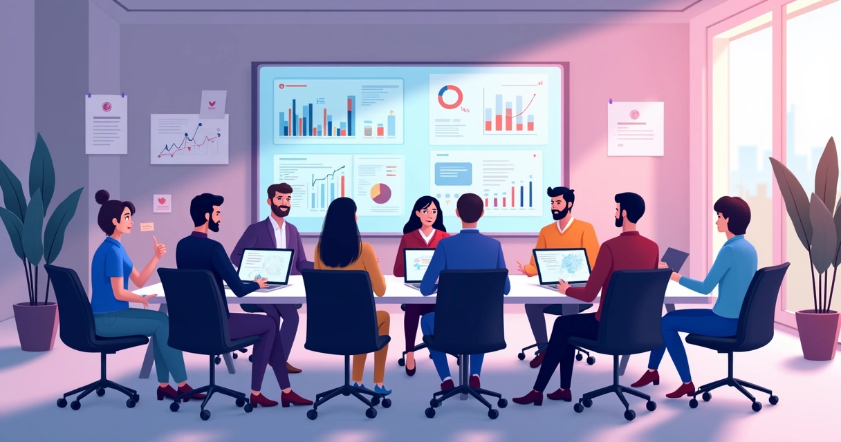 Equipe reunida analisando lista de potenciais parceiros em telas grandes 