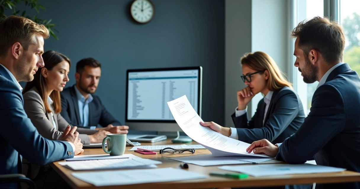 Profissionais analisando listas de leads desatualizadas em ambiente de escritório. 
