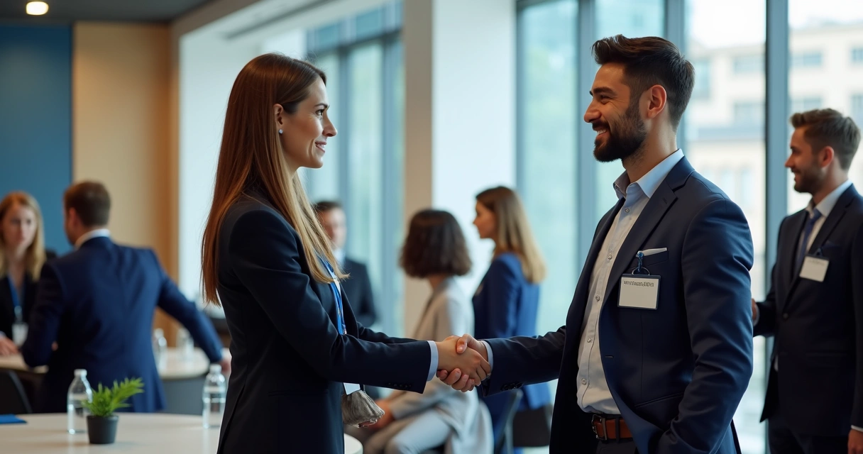Profissional apertando mãos em evento de networking B2B 