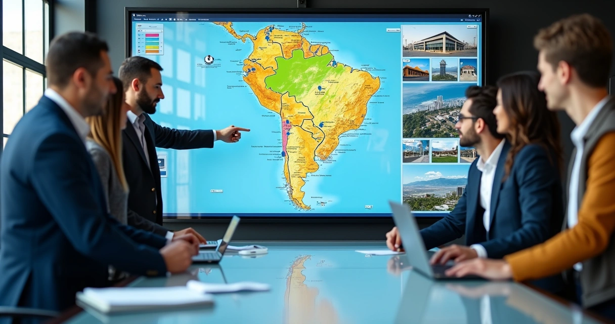Equipe comercial analisando oportunidades de obras no Brasil em um painel digital 