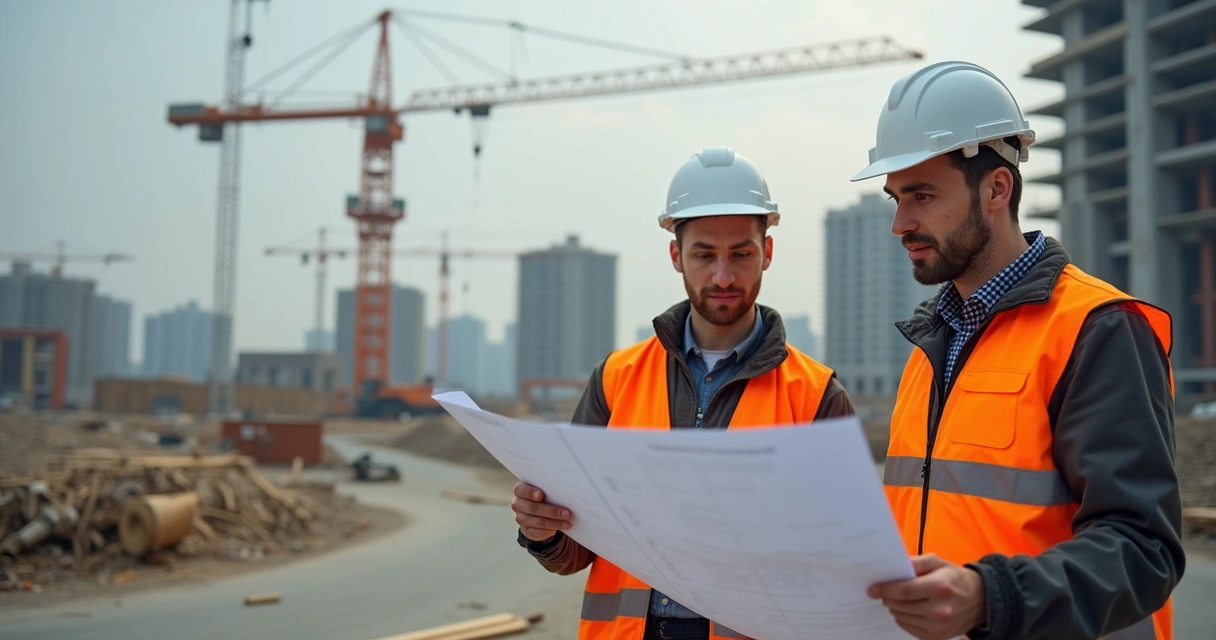 Equipe visitando um canteiro de obras civil, analisando projetos e conversando com o engenheiro responsável