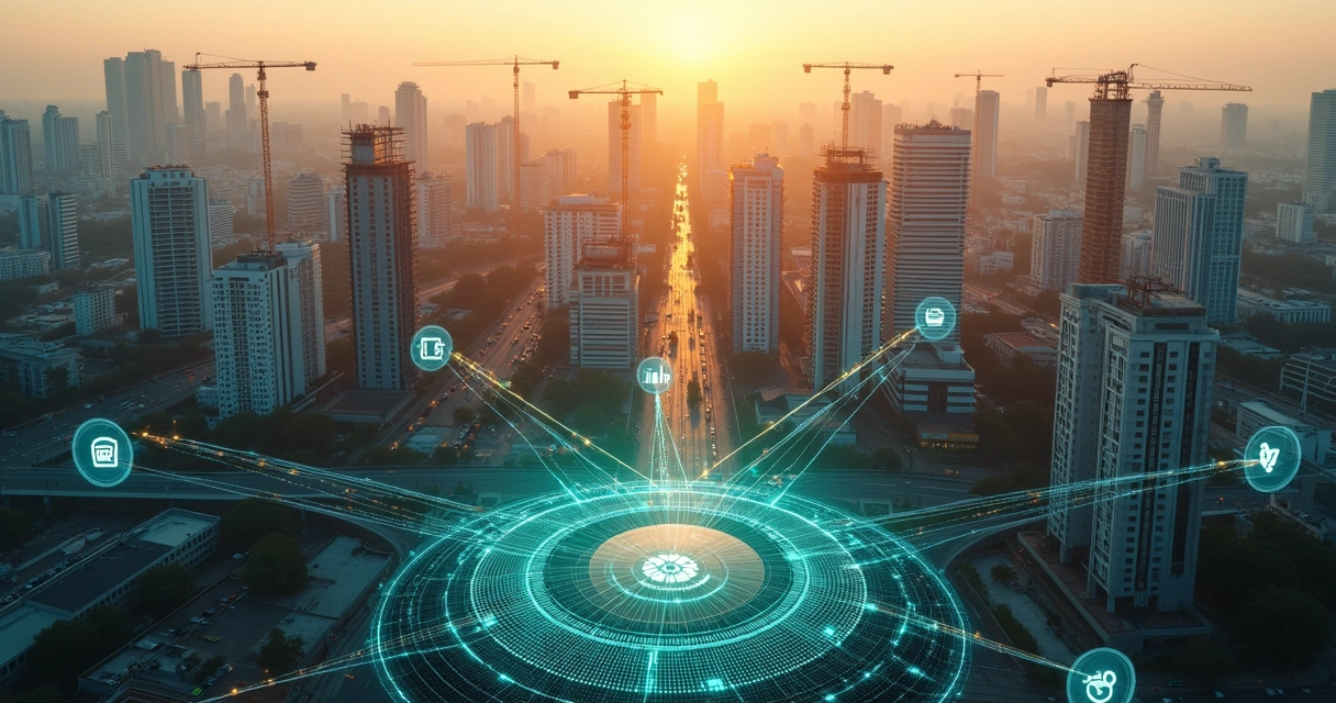 Cidade em construção vista de cima com dados digitais conectando várias obras 