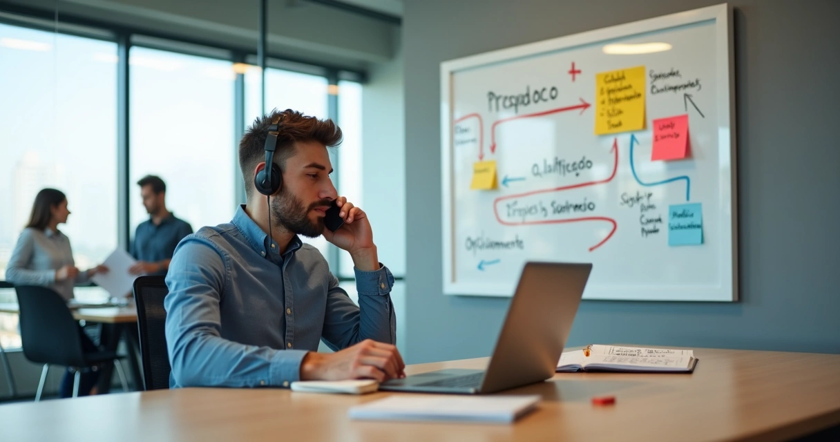Executivo ao telefone em escritório moderno analisando quadro de prospecção outbound 