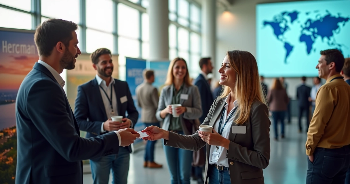 Consultor de viagens realizando networking em evento de turismo 