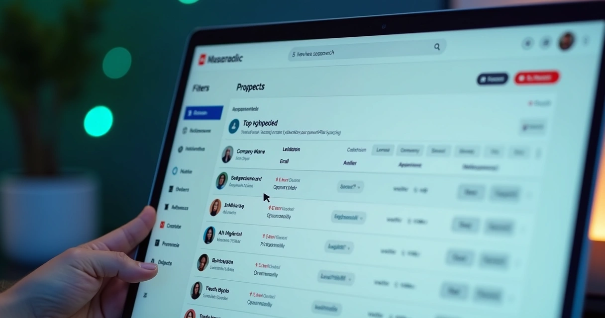 Lista digital com contatos B2B e múltiplos filtros ativados 