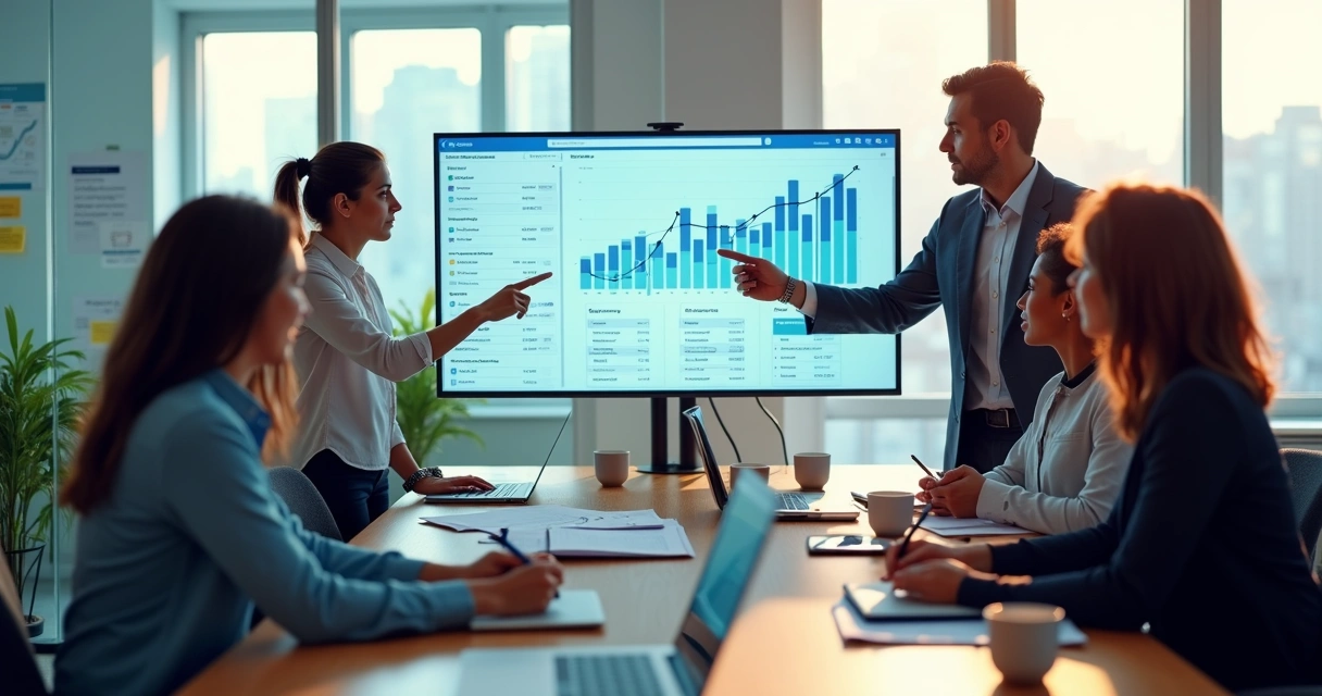 Equipe de vendas B2B analisando dados em tela grande com gráficos de crescimento 
