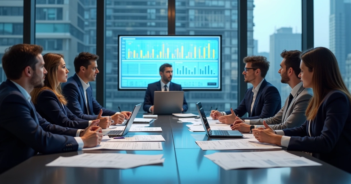 Equipe de vendas reunida analisando uma lista segmentada de potenciais clientes em escritório moderno