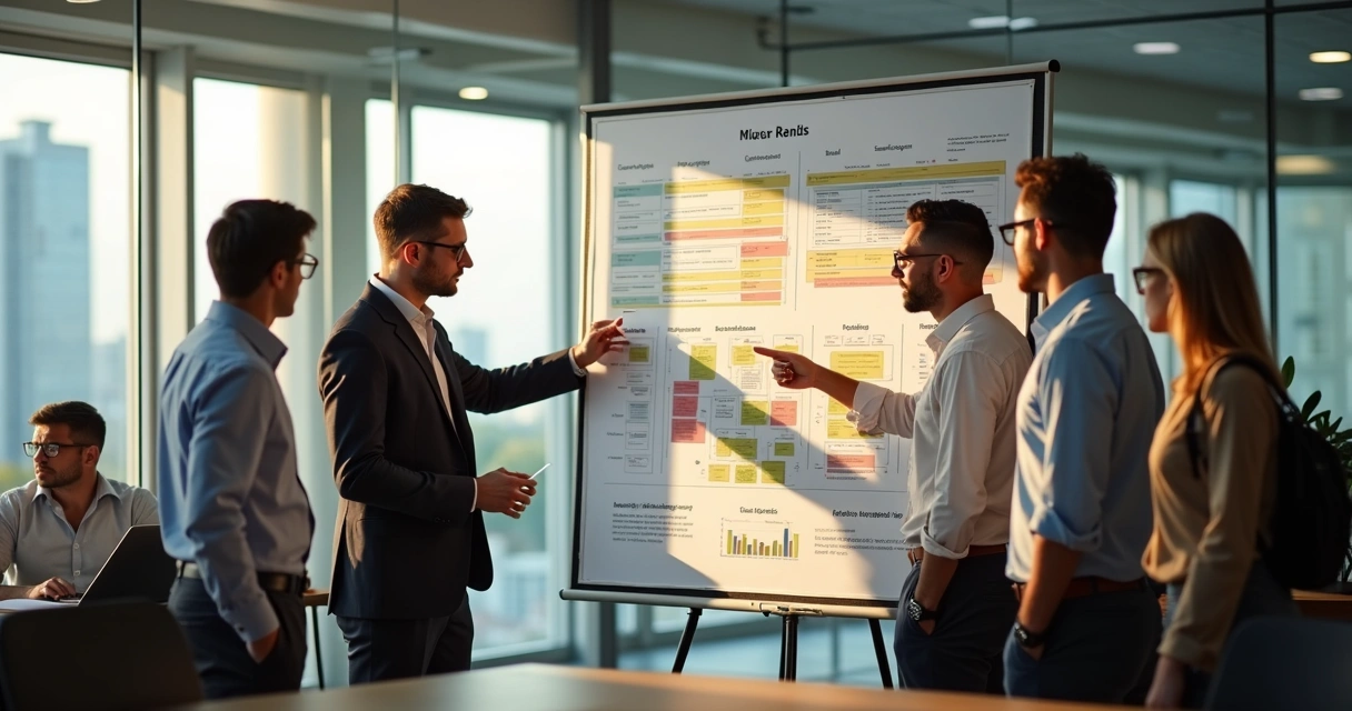 Profissionais de vendas analisando quadro de oportunidades com gráficos e post-its coloridos 