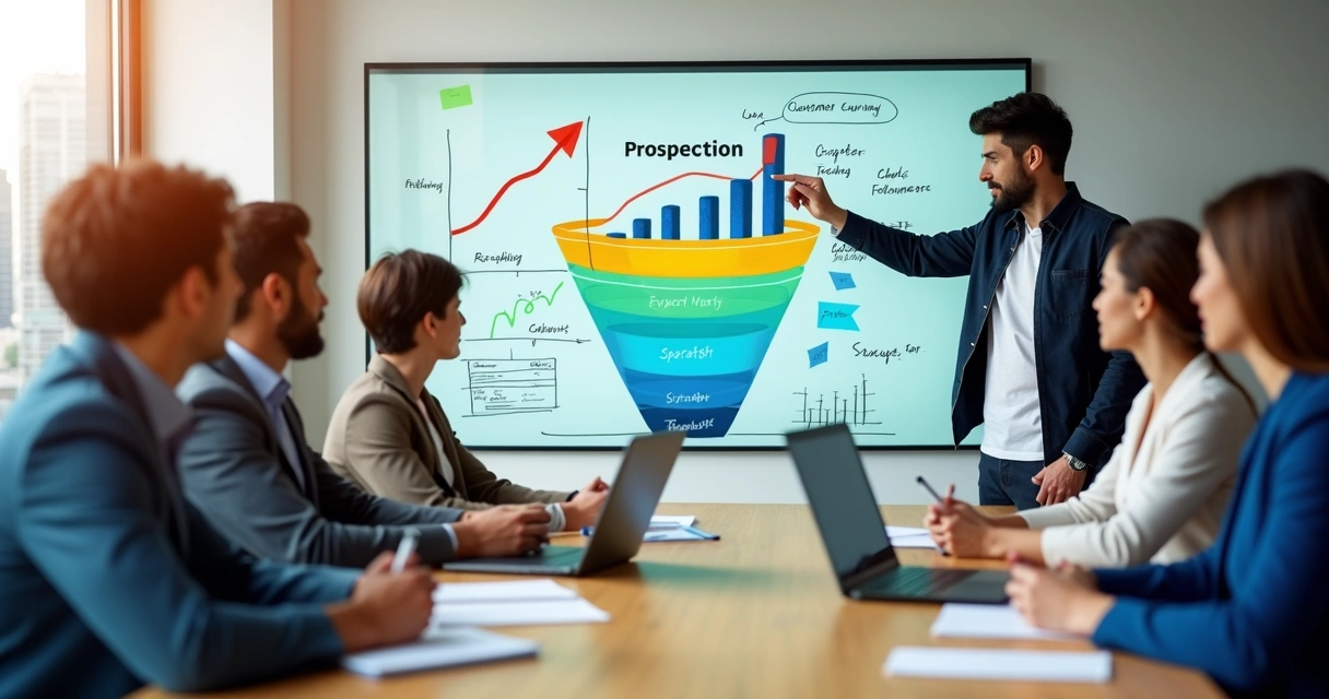 Profissional mostrando funil de prospecção de vendas em reunião com equipe 